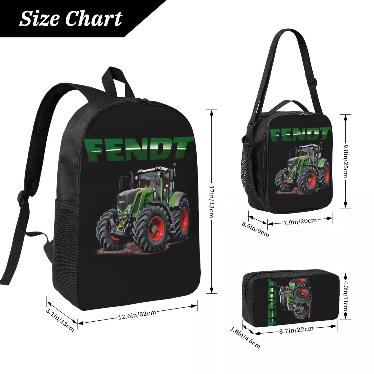 Fendt tracteurs allemands sac à dos étudiant garçons filles BookBag sac d'école ordinateur sacs à bandoulière 3ps sac à déjeuner isolé trousse à crayons