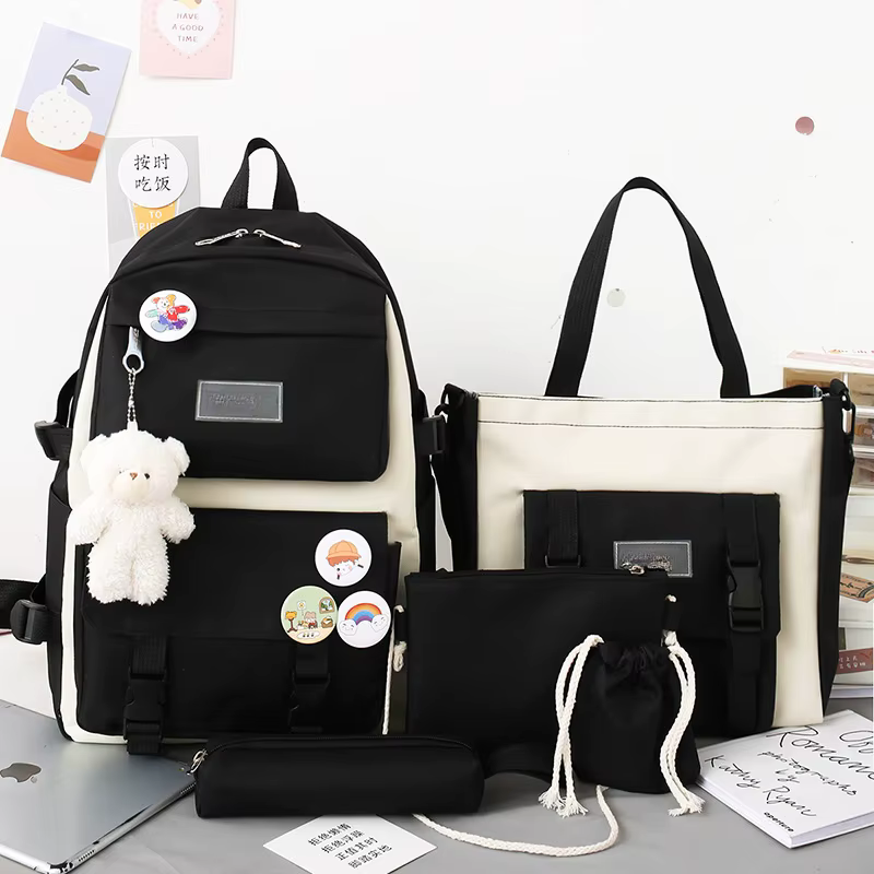 5 pièces ensemble sacs d'école pour adolescent sac à dos femme filles toile couleur unie femmes