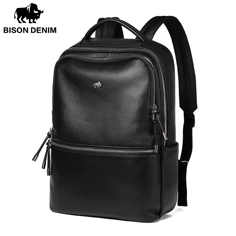 BISON DENIM nouveau cuir véritable hommes sac à dos ordinateur portable école sac à dos sac 2025 mode étanche sac de voyage sac de livre décontracté