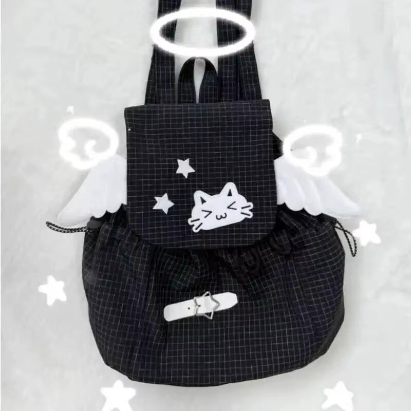 Sac à dos chat brodé noir blanc Style à carreaux léger mignon petites épaules polyvalent étudiant trajet Campus sac à dos