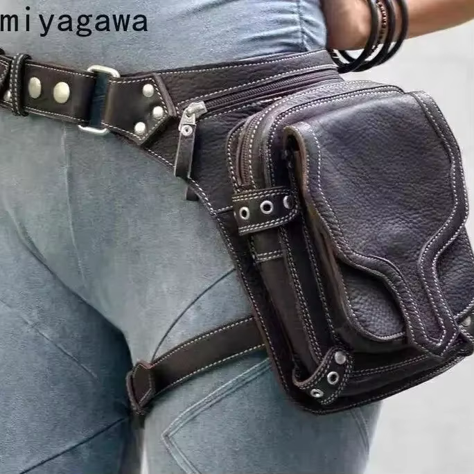 Miyagawa Style rétro PU Punk taille jambe sac moto sacs à bandoulière hommes femmes en plein air Rivet Faux cuir Packs