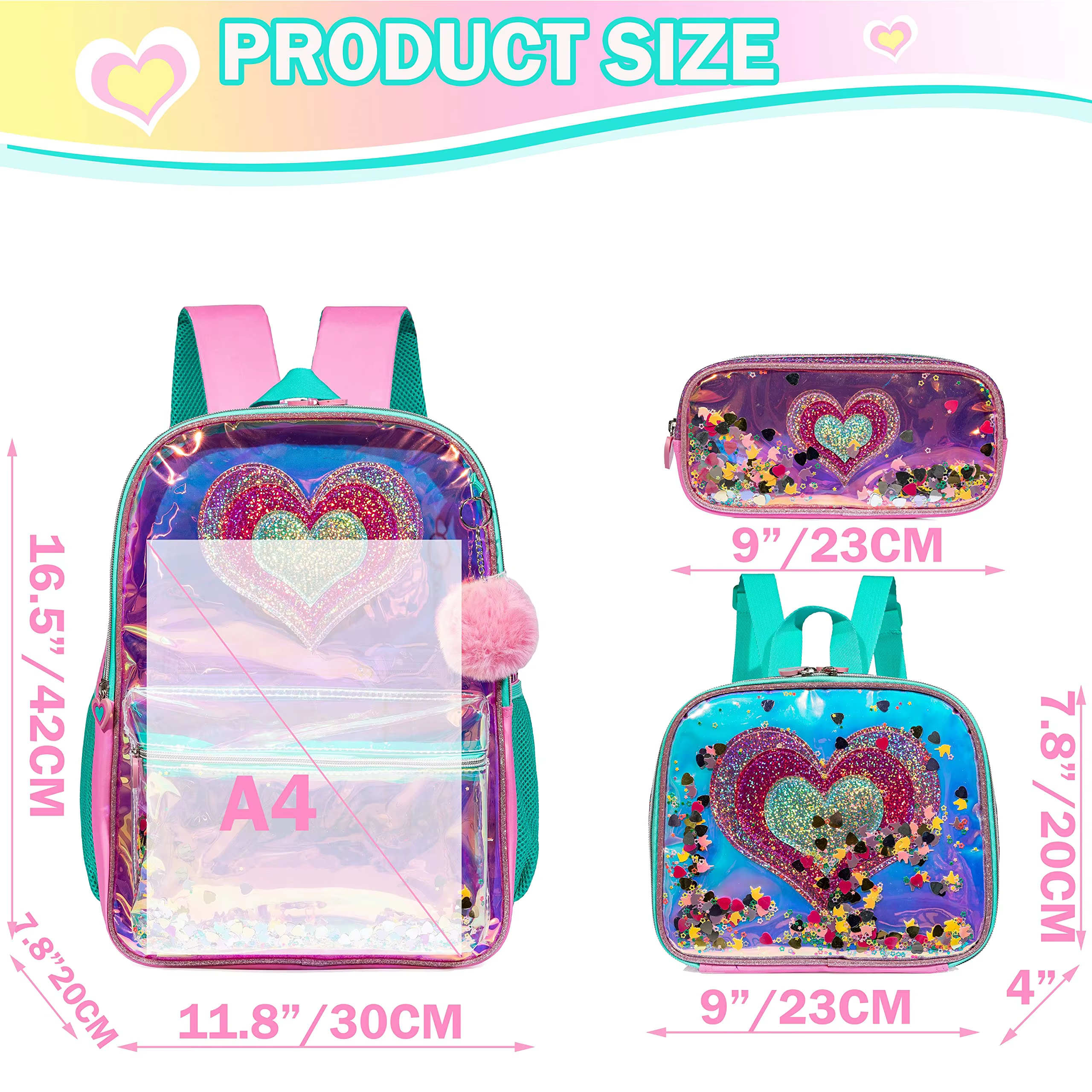QY.TIMES 3 pièces sac à dos d'amour pour adolescentes avec boîte à déjeuner pour grands enfants sacs à dos d'école pour élèves du primaire âge 6-12 ans