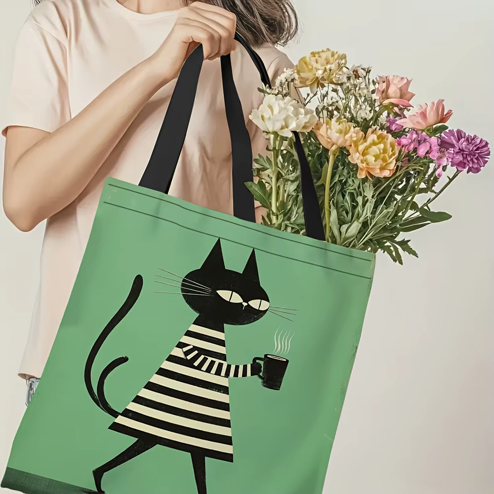 Sac à main spacieux et léger avec motif chat noir et blanc - Idéal pour les trajets quotidiens