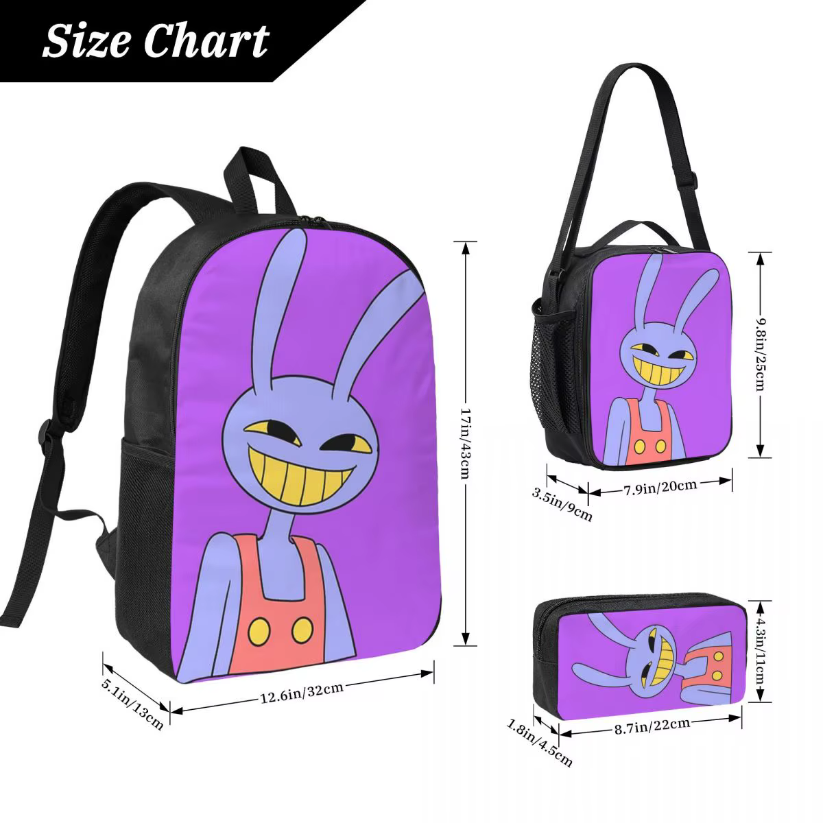 Jax-le incroyable sac à dos de cirque numérique étudiant garçons filles BookBag sac d'école sacs à bandoulière 3ps sac à déjeuner isolé trousse à crayons