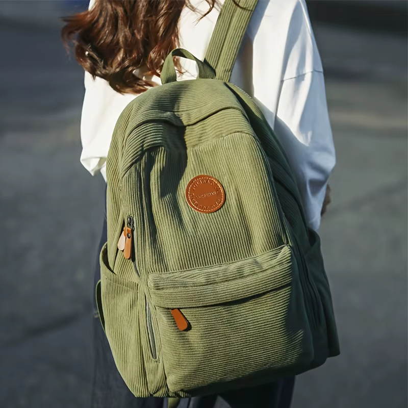 Sac à dos en velours côtelé vert olive pour femme
