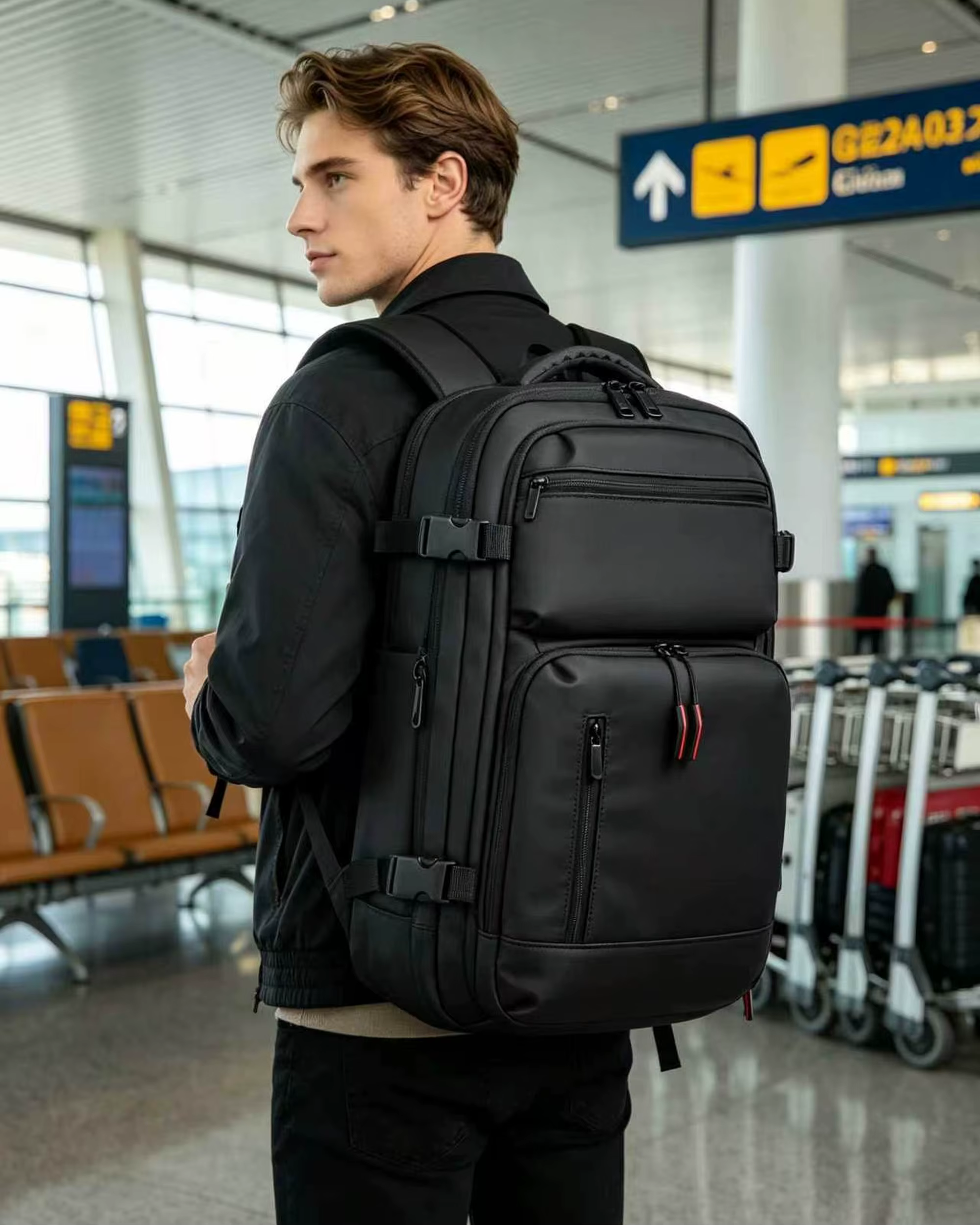 Sac à dos de voyage 60L extensible avec système de compression d'air et serrure TSA