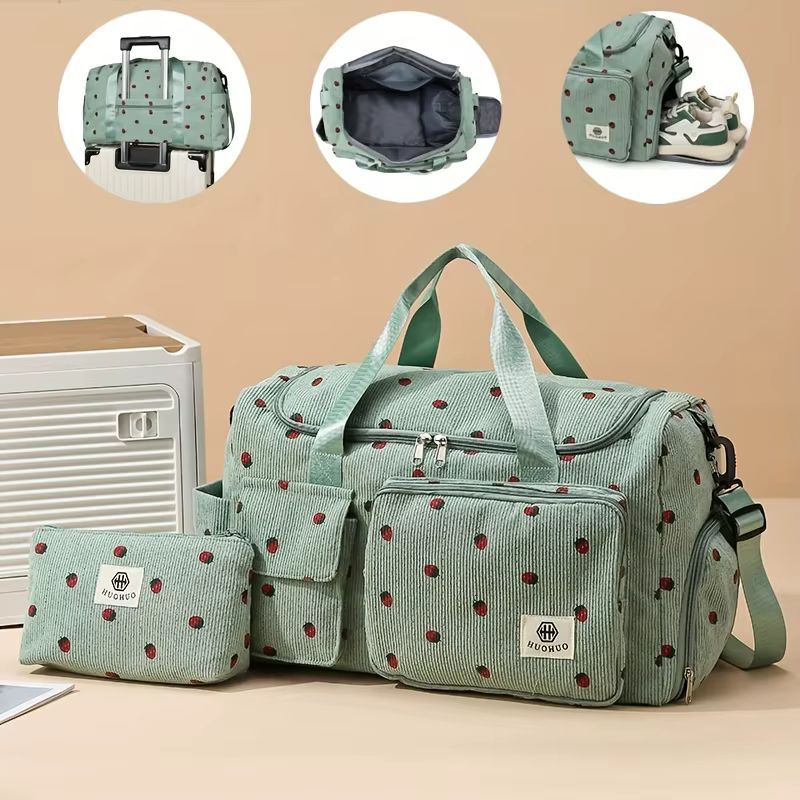 Sac de voyage fraise, sac à bagages en velours côtelé de grande capacité
