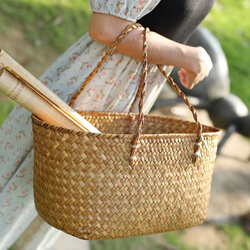 Grand sac fourre-tout tissé à la main en herbe naturelle