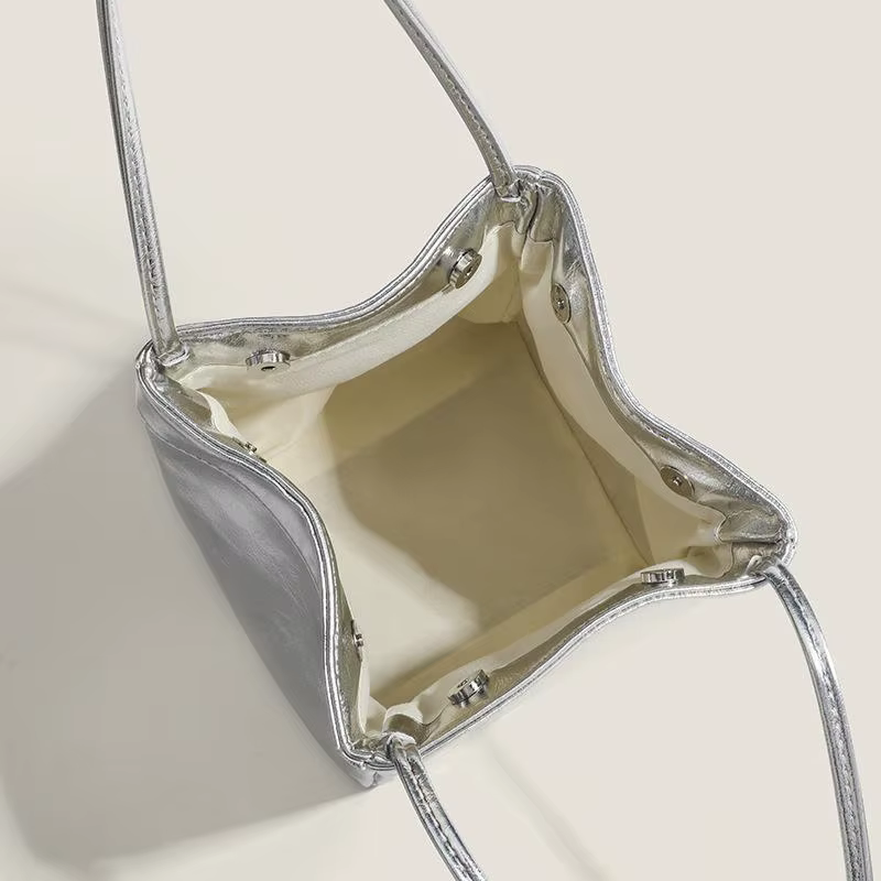 Silver Bucket Bag For Women Lunch Box Bag Hand-Held Small Bag Bucket Bag