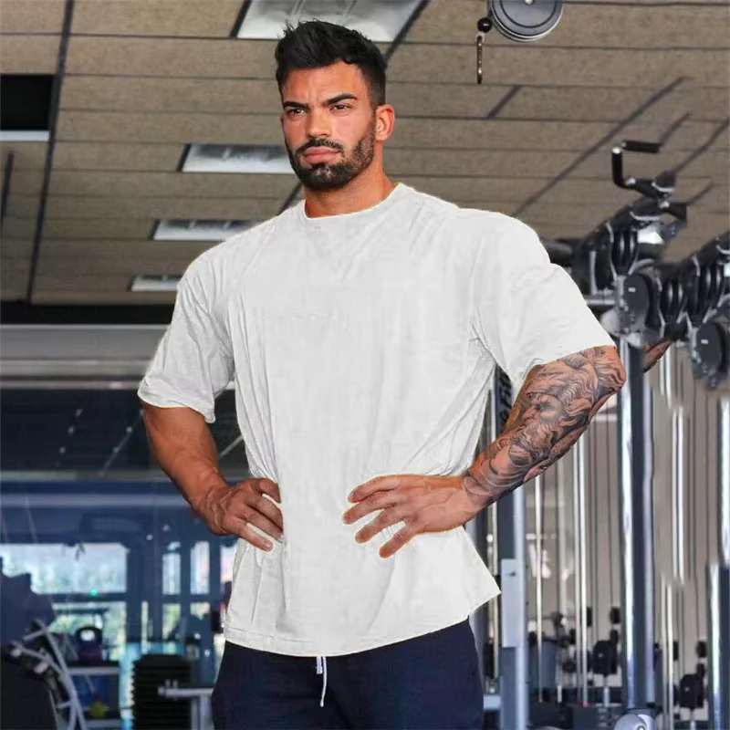Couleur unie Gym course Sport vêtements Fitness surdimensionné chemise en coton ample hommes Hip Hop à manches courtes musculation Muscle T-shirt