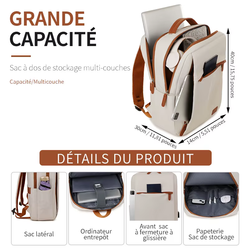 Sac à dos tendance et simple de grande capacité pour les trajets quotidiens et l'utilisation au bureau