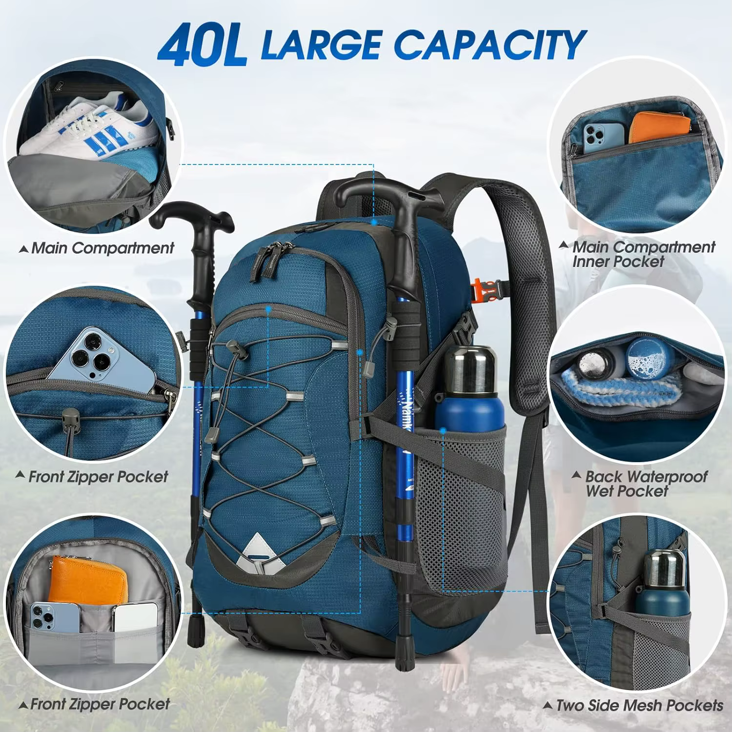 RAINSMORE Sac à dos de randonnée léger 40L Sac à dos de camping étanche Sac à dos pliable pour femmes et hommes Sac à