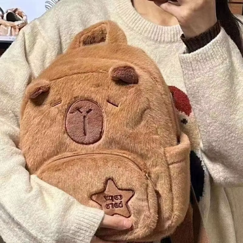 Kawaii Capybara sac à dos en peluche pour femmes polyvalent dessin animé drôle Capibala sac à bandoulière aLrge capacité sac fourre-tout