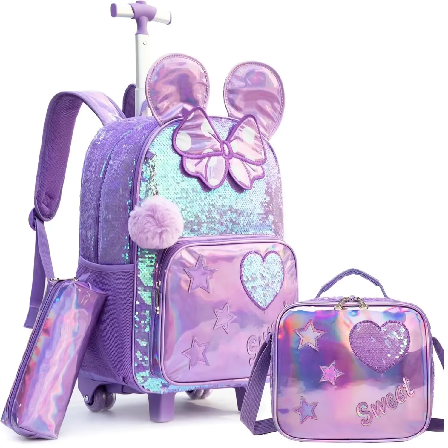 3 pièces mignon paillettes filles sac à dos roulant primaire enfant école sacs à dos fille avec roues retour à l'école