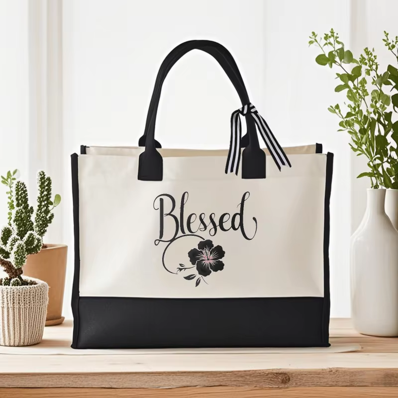 Sac fourre-tout en toile au design floral blanc et noir pour un usage quotidien