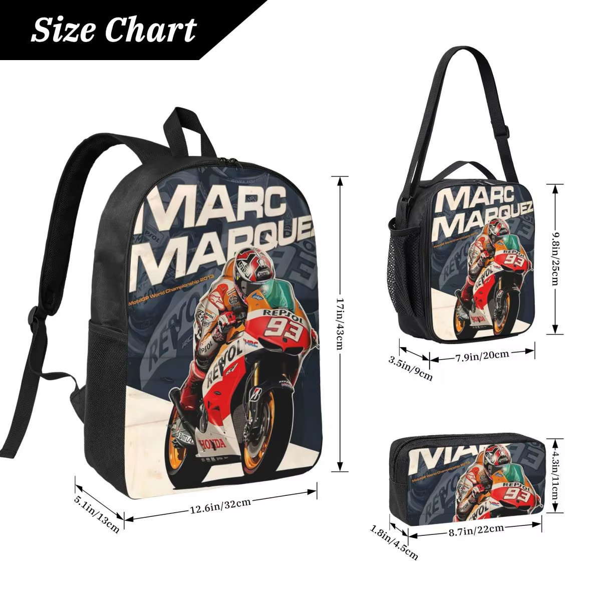 Moto Marc Marqueze 93 sac à dos garçons filles BookBag sac d'école ordinateur sacs à bandoulière 3ps sac à déjeuner isolé trousse à crayons