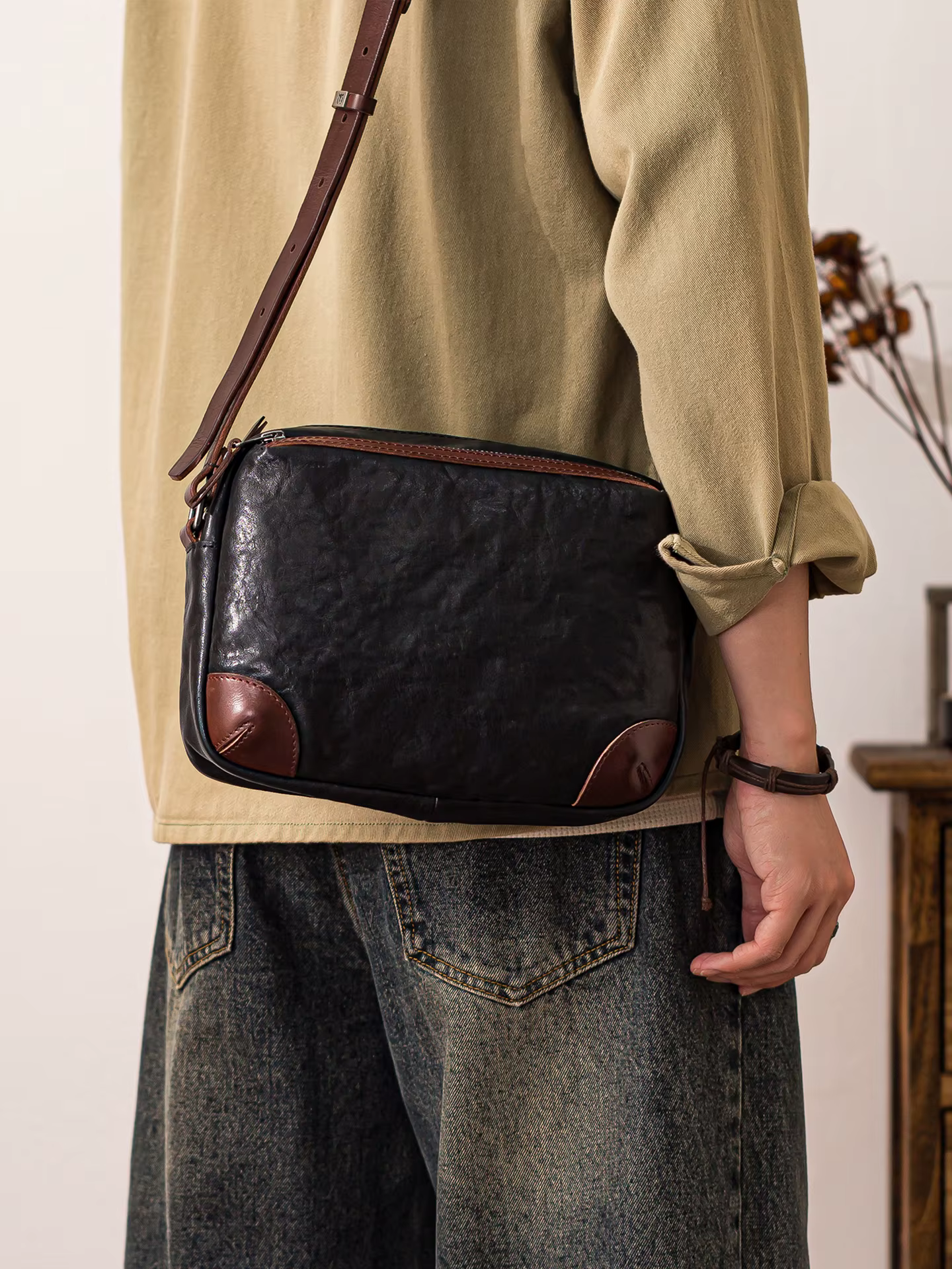 Sac à bandoulière en cuir véritable pour hommes
