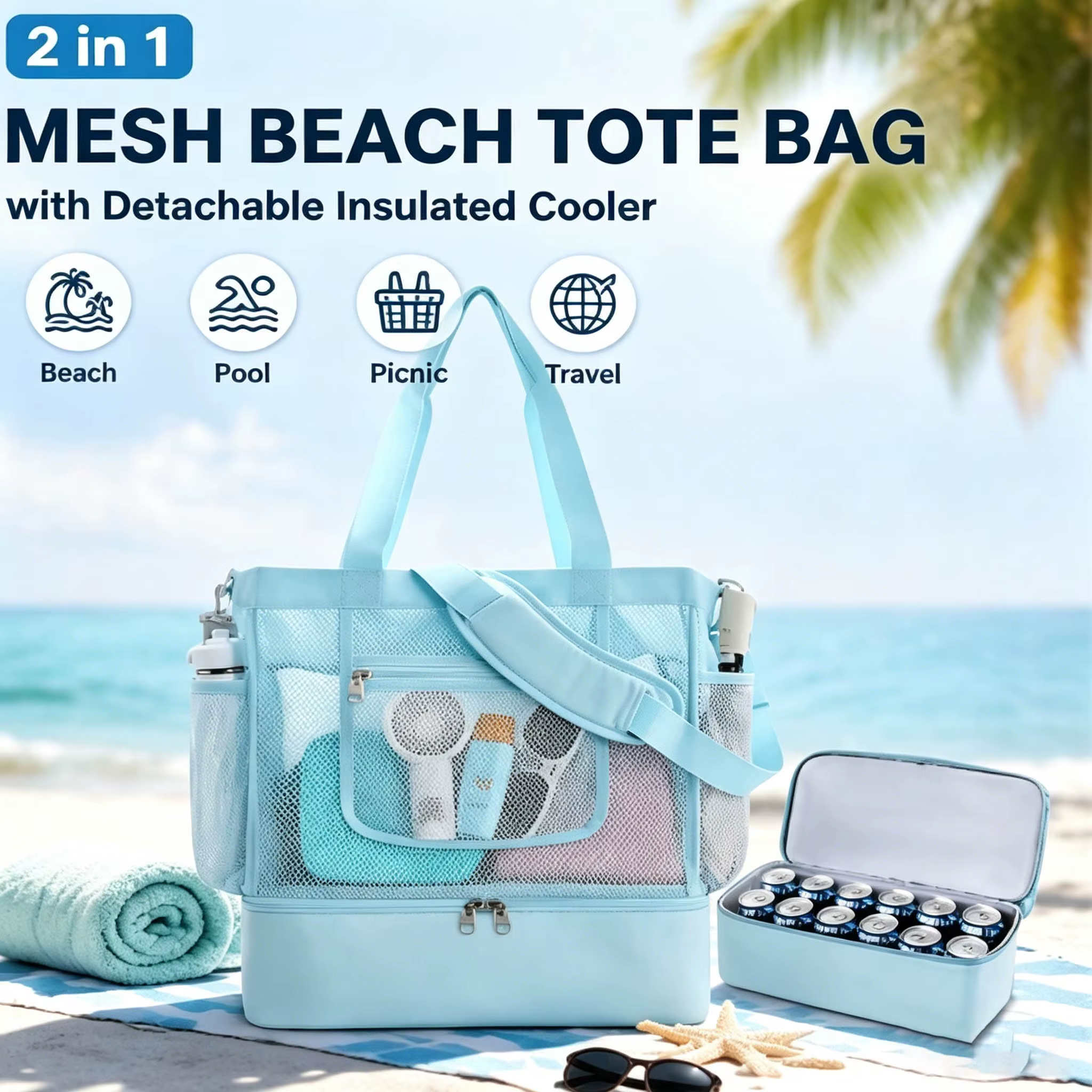 Sac de plage en maille 2-en-1 avec glacière isotherme amovible