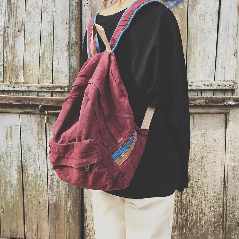 Sac à dos d'école rétro chic en coton pour adolescent