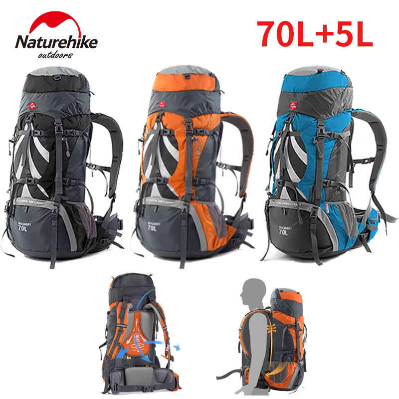 Naturehike 70L + 5L sac à dos de randonnée étanche sac d'alpinisme en plein air sac à dos souple sac à dos de grande capacité avec housse de pluie