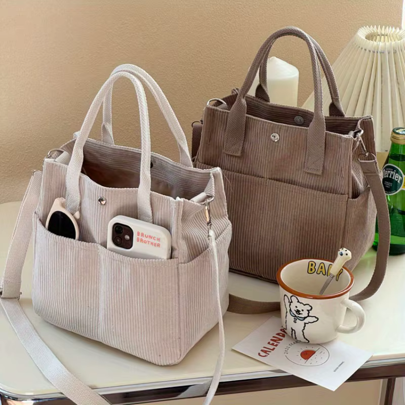 Sac fourre-tout en velours côtelé lavable à la main avec plusieurs poches