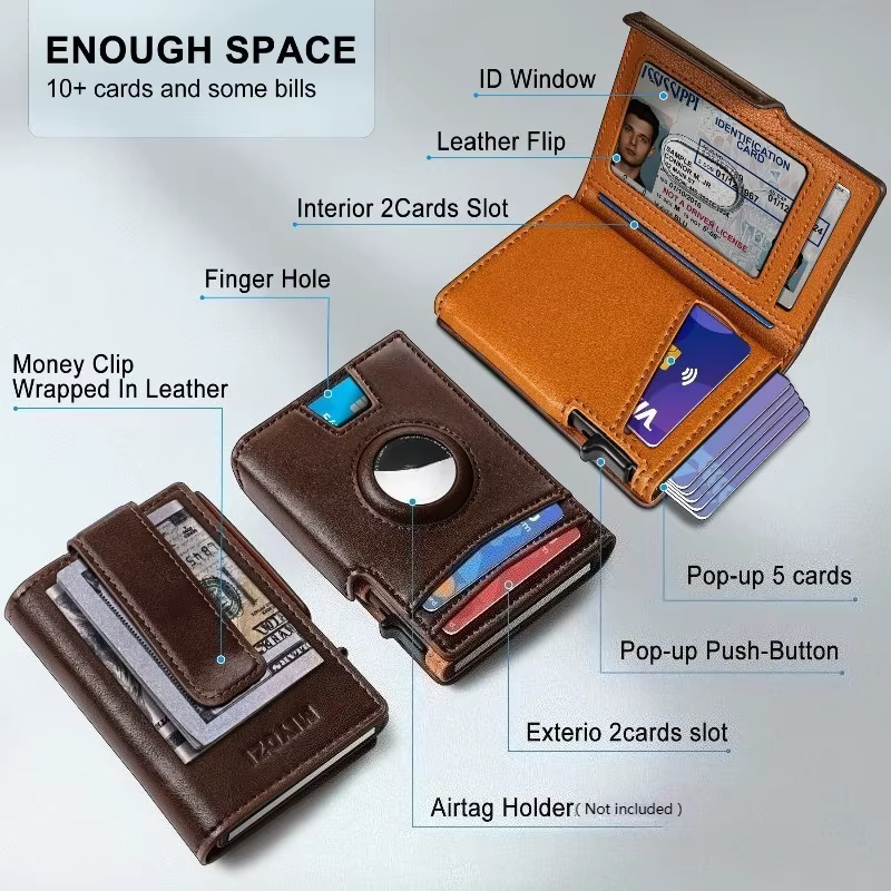 Sac en cuir brosse antivol bande magnétique emplacement de positionnement d'étiquette d'air portefeuille en métal Pop-up automatique adapté aux hommes et aux femmes