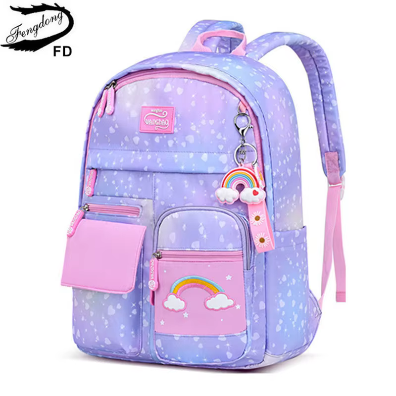 Kawaii rose violet école primaire sac à dos pour filles mignon arc-en-ciel étudiant Bookbag