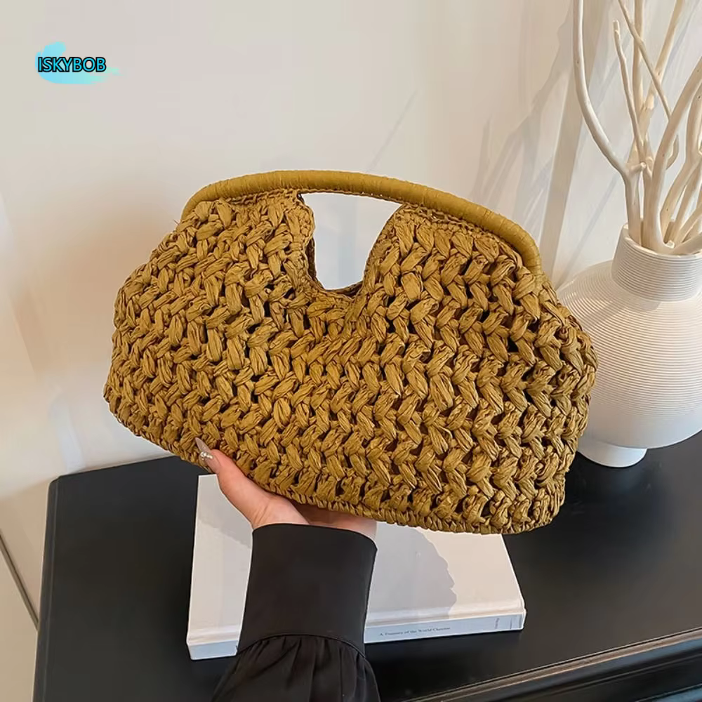 Sac de loisirs grande capacité en paille tressée demi-lune