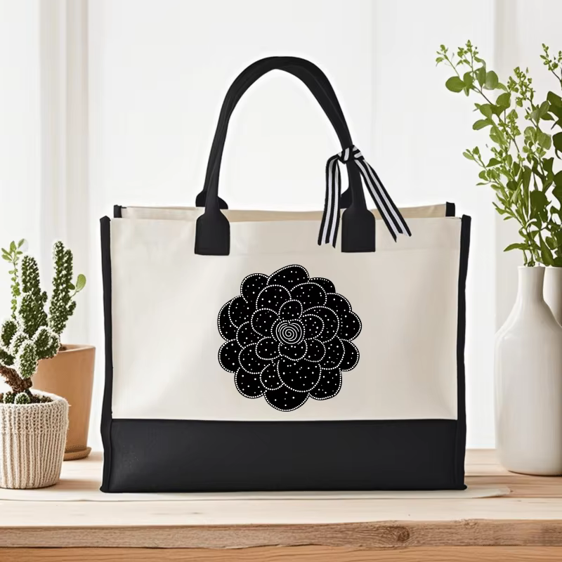 Sac fourre-tout en toile à motif floral crème et noir
