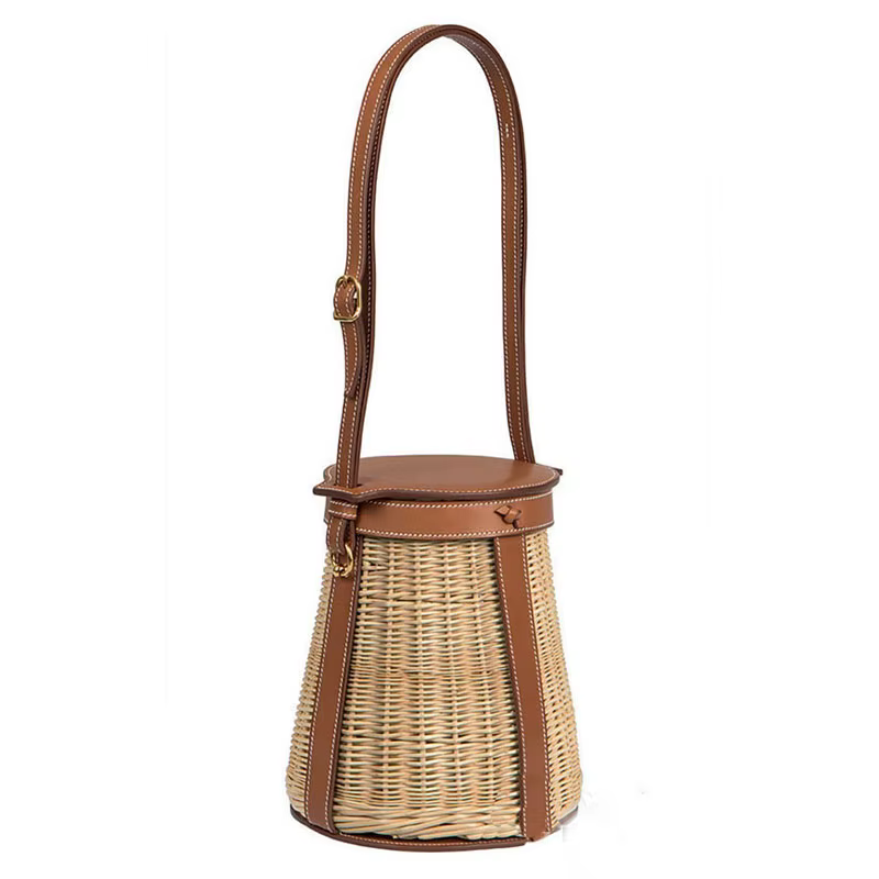 Sac seau en cuir et rotin pour femmes