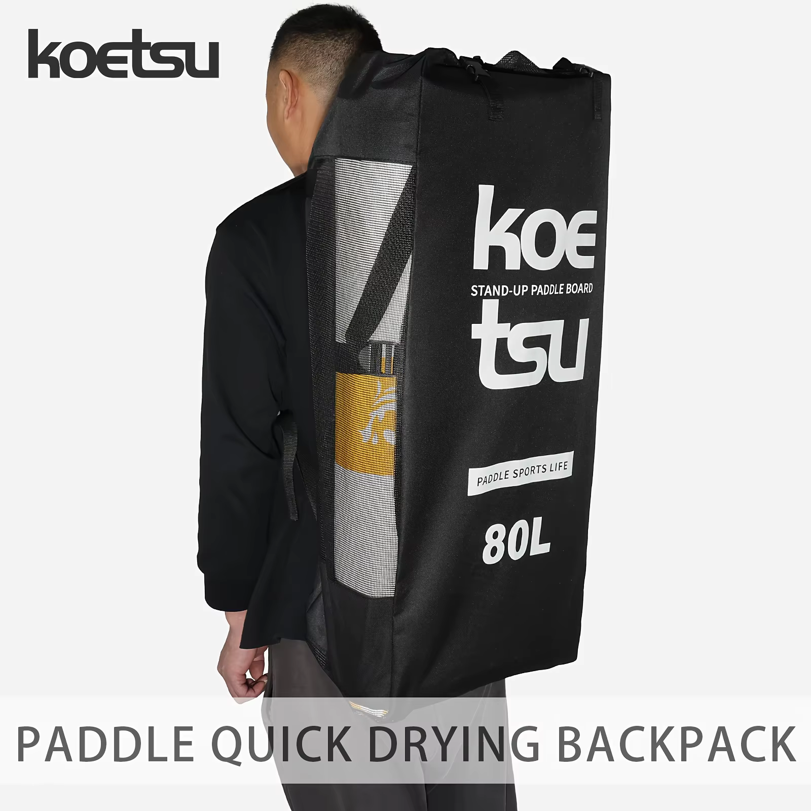KOETSU SUP Sac à dos à séchage rapide Tissu Oxford renforcé noir pour planches à pagaie jusqu'à 3