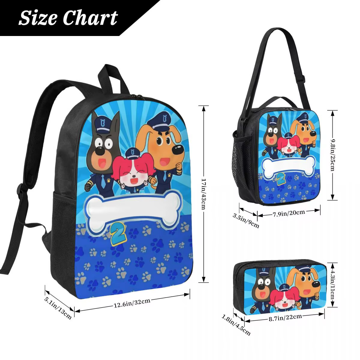 Shérif Labrador sac à dos étudiant garçons filles BookBag sac d'école ordinateur sacs à bandoulière 3ps sac à déjeuner isolé trousse à crayons