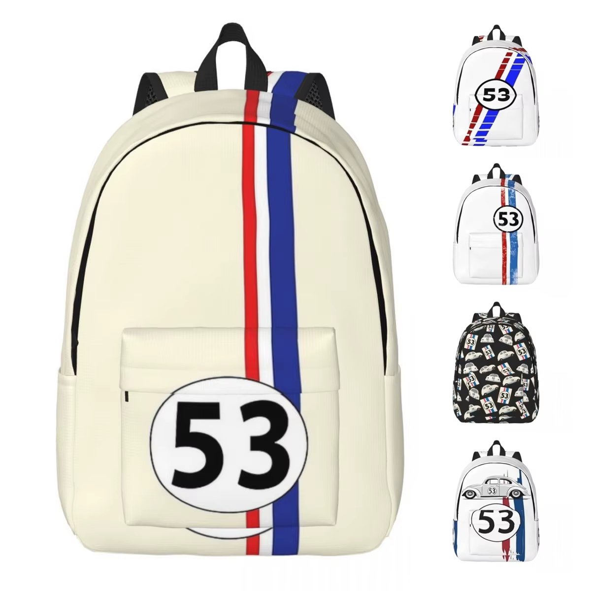 Herbie numéro 53 mode sac à dos avec poche étudiant affaires course voiture passionnés rayure sac à dos hommes femmes ordinateur portable sac à bandoulière