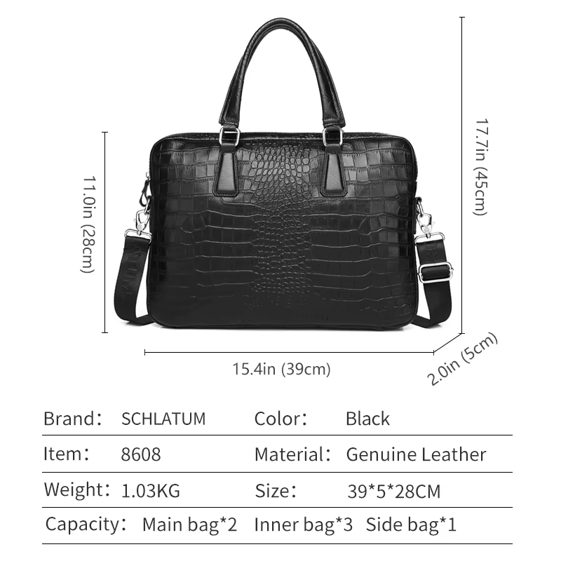 Sac pour ordinateur portable en cuir véritable gaufré crocodile