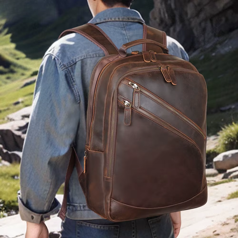 Sac à dos pour ordinateur portable en cuir véritable pour hommes de 15