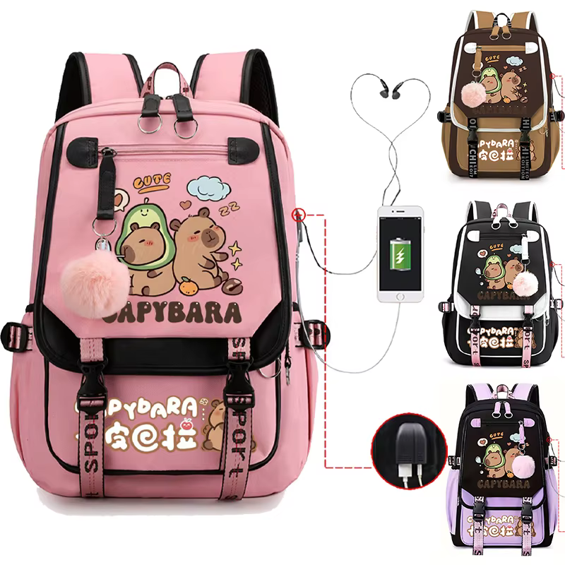 Capybara sac à dos pour femmes filles grande capacité USB sacs de charge enfants adolescent école sac à dos mignon