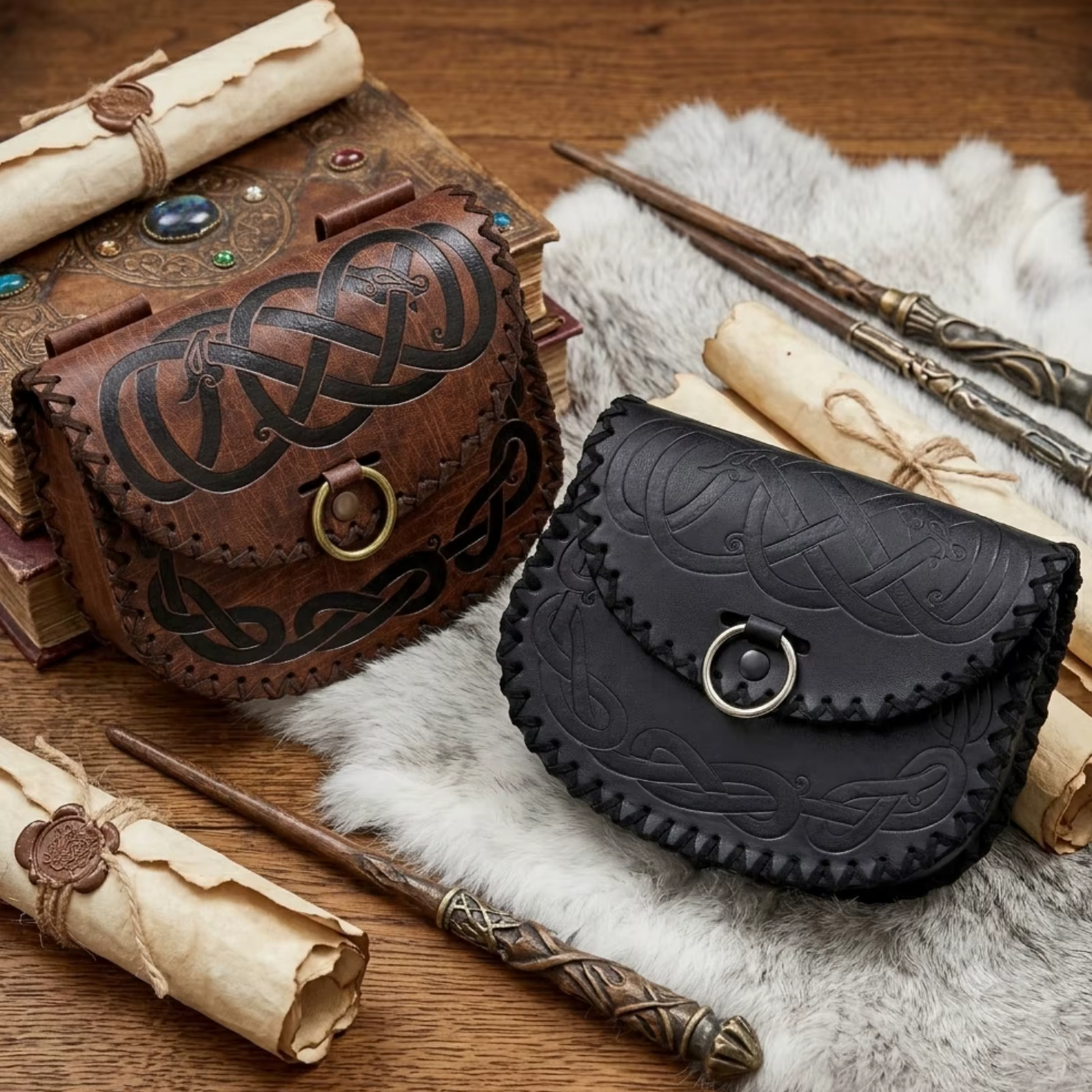 Sac banane vintage en cuir gaufré style Viking
