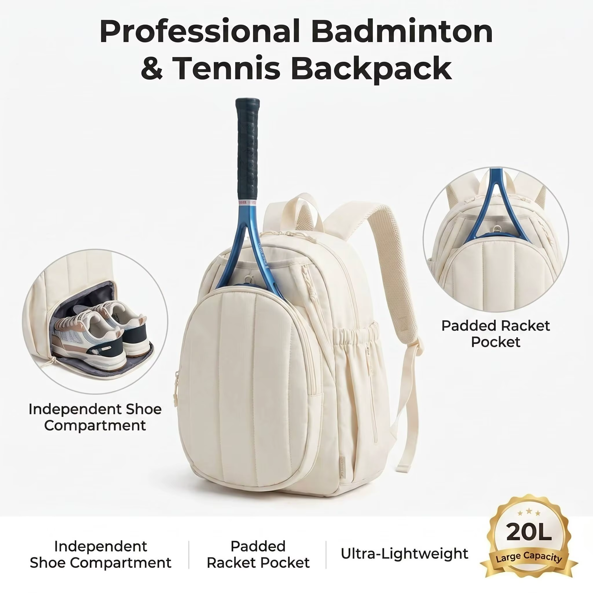 Sac à dos de tennis 20L grande capacité pour femmes