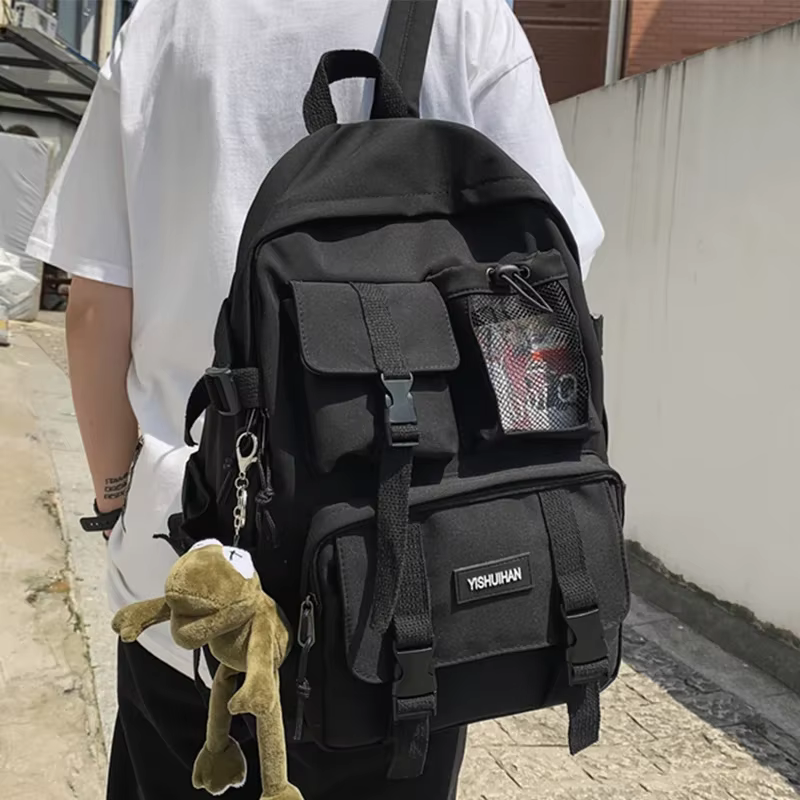 Sac à Dos d'École en Nylon Noir pour Femme