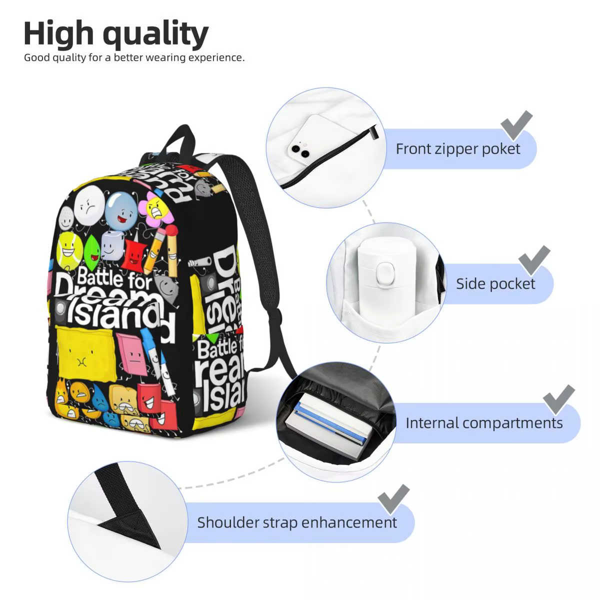 BFDI affiche étudiant sac à dos sac d'école randonnée voyage sac à dos pour hommes femmes mode Bookbag sacs à bandoulière