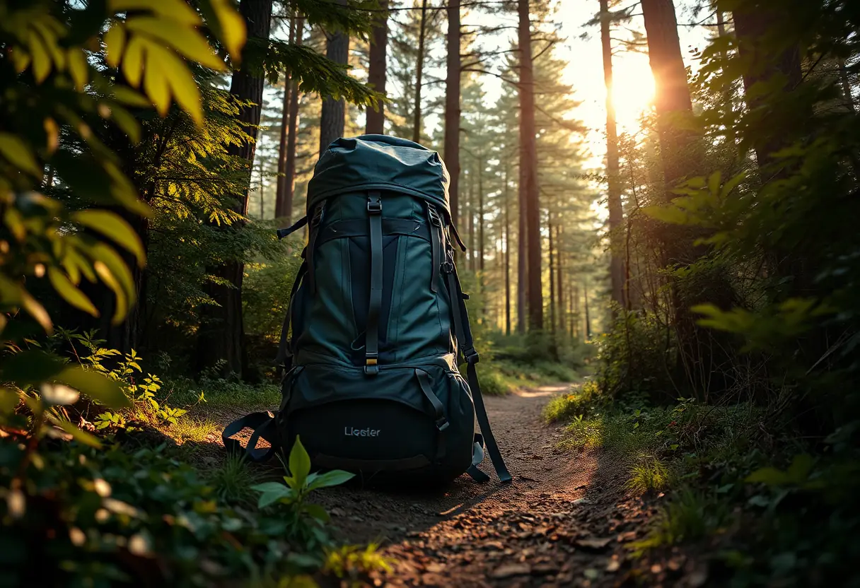 Un grand sac à dos posé sur un sentier de randonnée sous un feuillage dense