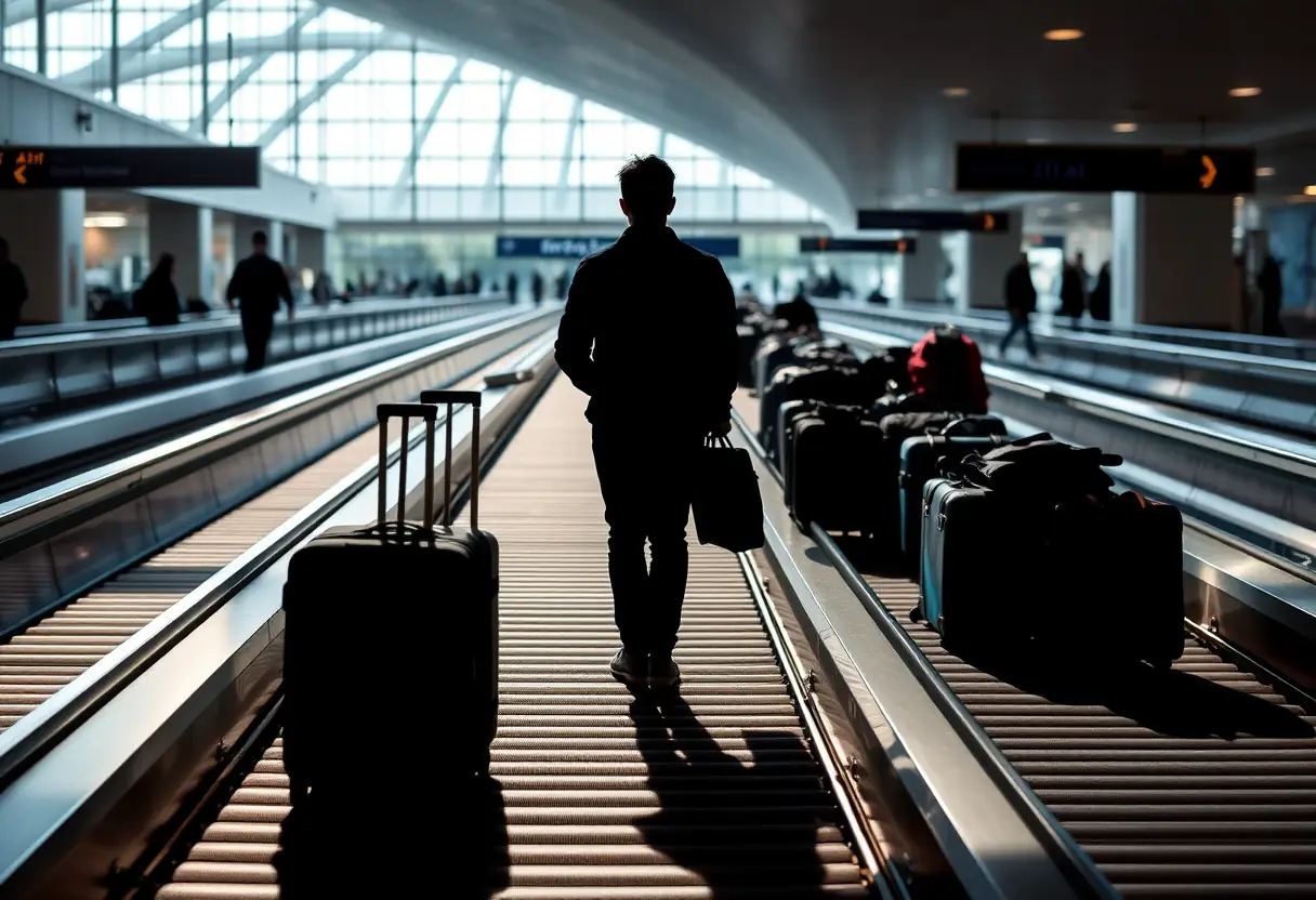 Un profil d'un voyageur près de ses valises sur un tapis de bagages d'aéroport