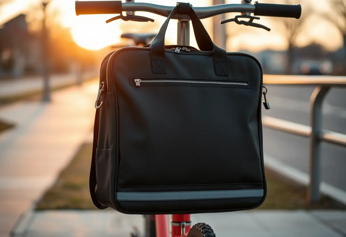 Un sac ordinateur portable avec des bandes réfléchissantes sur un porte-bagages de vélo